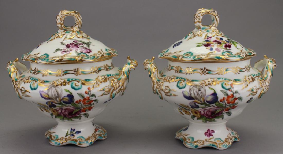 19th C Pair, Copeland Covered Toureens-as is: Antique Pair of Copeland Spode Floral Covered Toureens (as is). With gilded floral motif throughout. Marked on base. One having hairline on the lid. Height: 6.75 in.