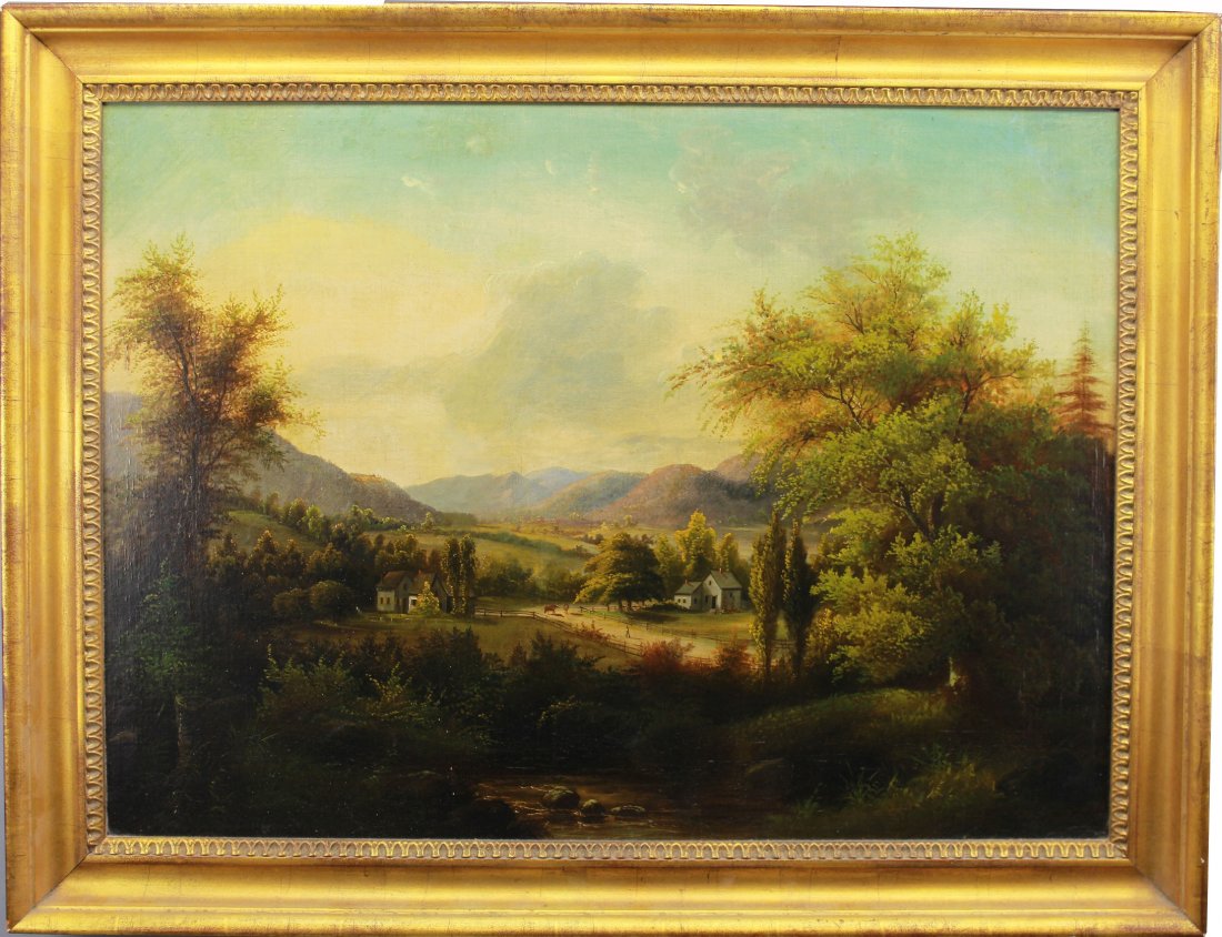 Early 19th C. Hudson River School Rural Landscape: Early 19th C. Hudson River School Rural American Landscape. Oil on canvas. Unsigned. Depicting figures on a farm with animals in a Hudson River School Landscape. Sight Size: 21 x 29 inches.