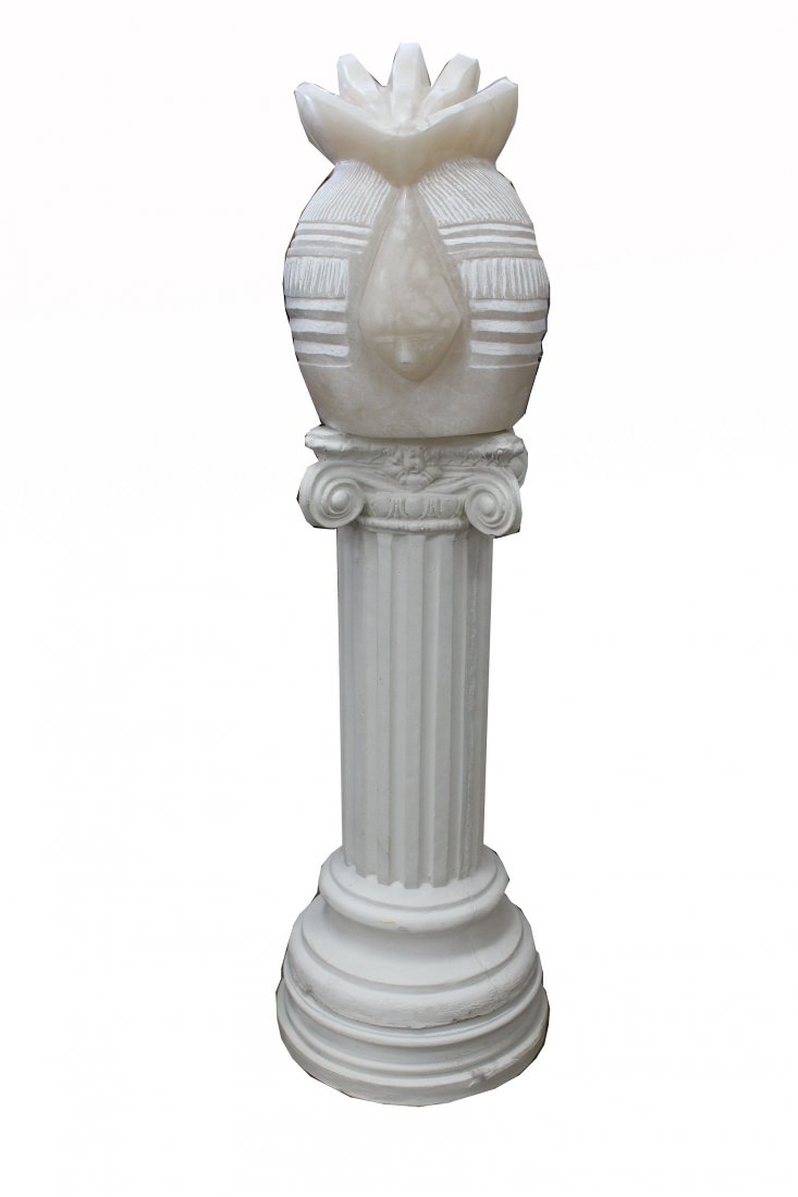 Indian Head Within Head, Selig Schwartz Sculpture: Indian Head Within Head, Selig Schwartz Carved Marble Sculpture on Plinth. Part of the 'Remember' Exhibition at the Mandel JCC Palm Beach Gardens (2014). Total Height including base: 53 inches.