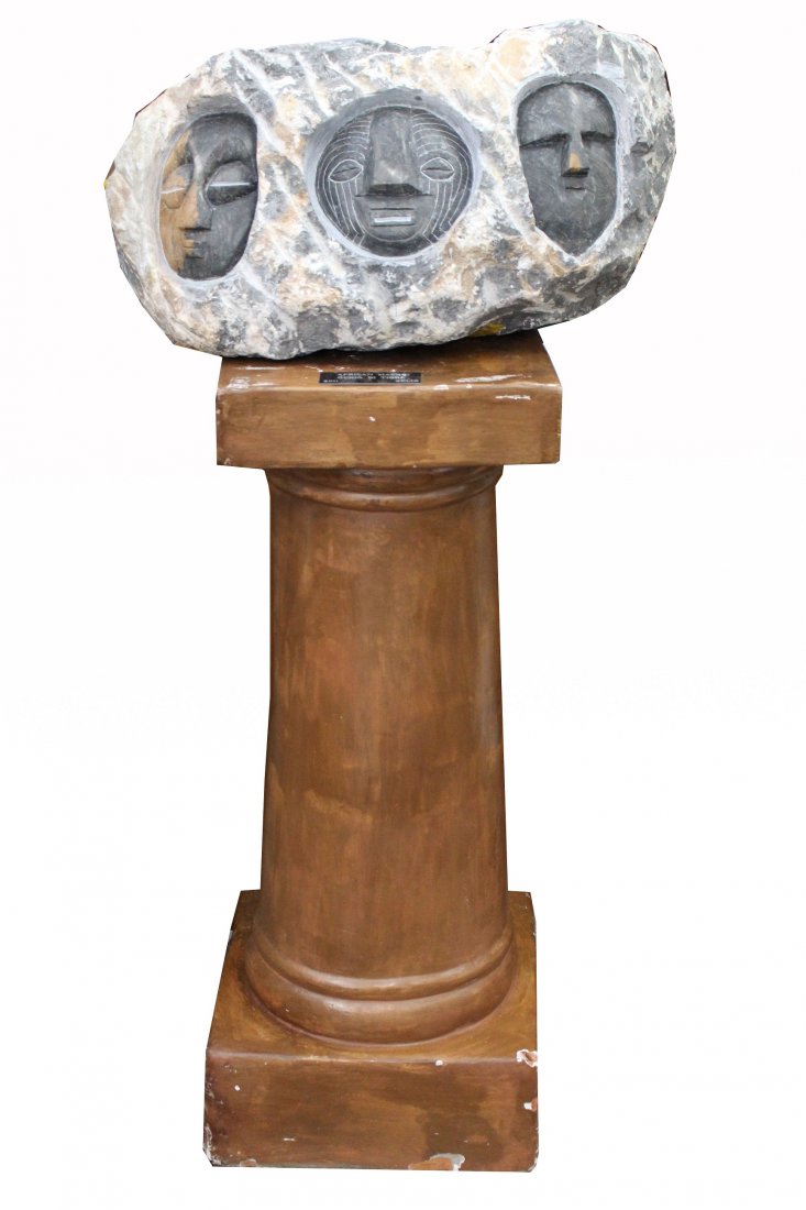 "African Masks, Ochio Di Tigre" Selig Schwartz: "African Masks, Ochio Di Tigre" Selig Schwartz Carved Marble Sculpture on Plinth. 2011. Part of the 'Remember' Exhibition at the Mandel JCC Palm Beach Gardens (2014). Total Height including Plinth: 50