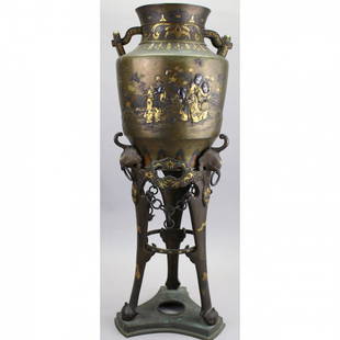 Exceptional Meiji Period Bronze/Gold Inlaid Censer: Exceptional Meiji Period Bronze/Gold Inlaid Japanese Censer. With figures surrounding the exterior of the upper portion. Depicting figures near a river with cricket cages, butterflies and plants in th