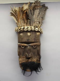 Dan-Kran, Ivory Coast, Liberia Mask: Dan-Kran, Ivory Coast, Liberia Mask. Having feather headdress and coquina shell head band. Size: 20 x 9 in.