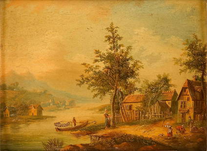 PAAR BERGIGE FLUSSLANDSCHAFTEN MIT PERSONENSTAFFAGE: CHRISTIAN GEORG SCHÜTZ (CIRCLE) Flörsheim 1718 - 1791 Frankfurt/Main A PAIR OF MOUNTAINOUS RIVER LANDSCAPES WITH FIGURES Oil on panel. Each 19.5 cm by 26.5 cm. Min. rest. Frame.