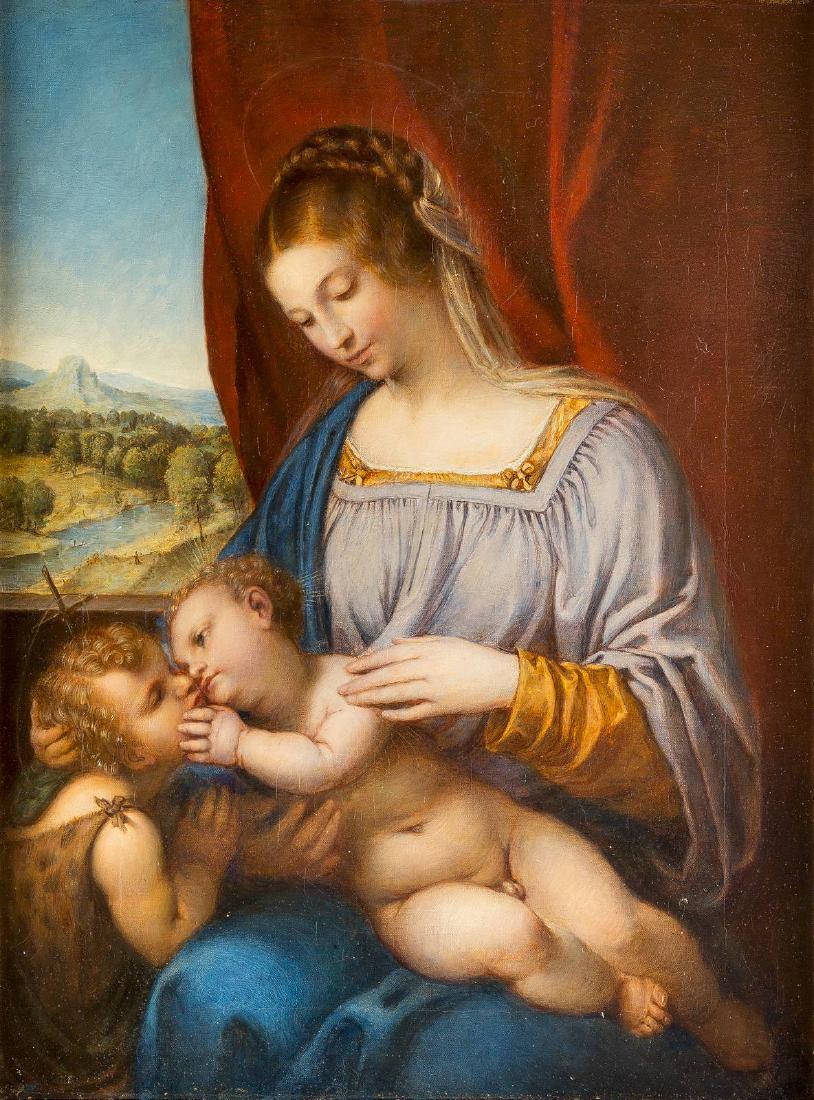 MARIA MIT CHRISTUSKIND UND JOHANNES DEM TÄUFER: LORENZO LOTTO (FOLLOWER) Venice circa 1480 - 1556 Loreto MARY WITH CHILD AND JOHN BAPTIST Oil on canvas. 53 cm by 39 cm. Verso: Remark, printed on canvas: 'Copie nach No. 194A der Königl. Gemälde-Ga