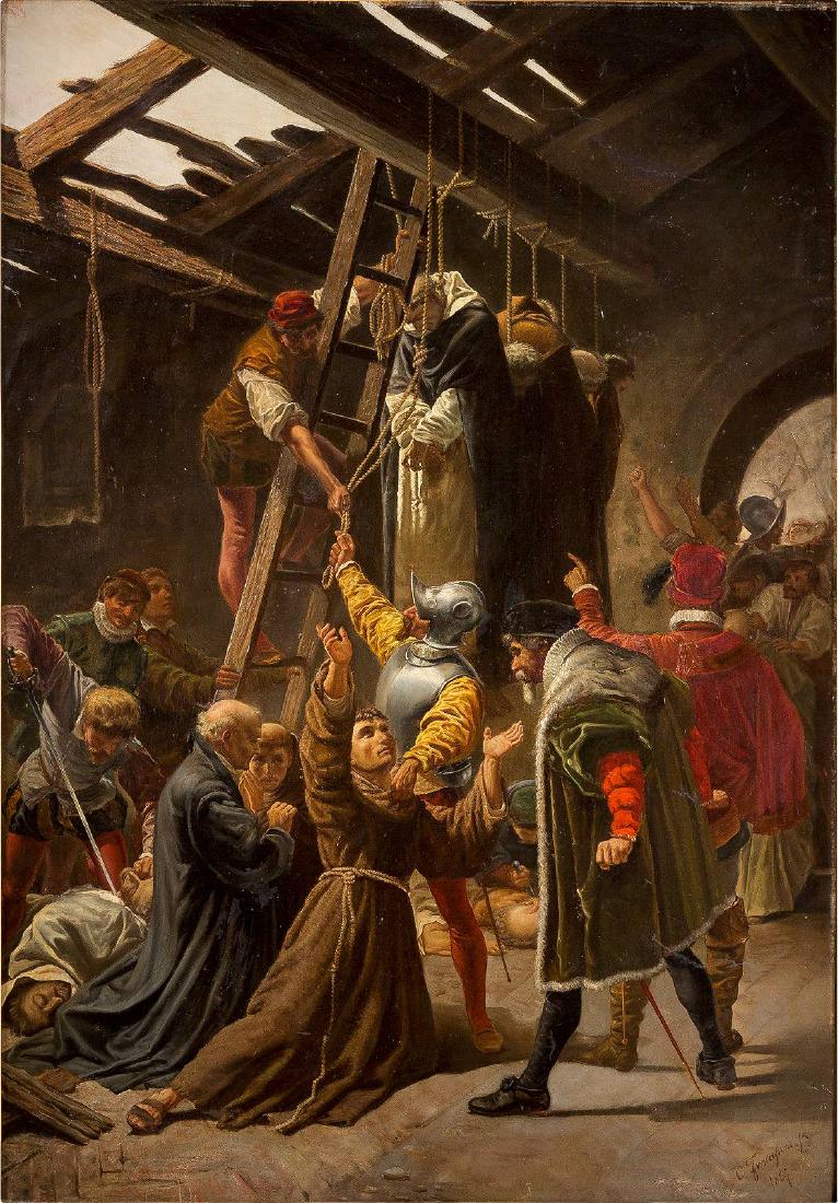 DAS MARTYRIUM DER MÖNCHE VON GORKUM: CESARE FRACASSINI 1838 Rom - 1868 ebenda Das Martyrium der Mönche von Gorkum Öl auf Leinwand, doubliert. 122 x 84 cm. Bezeichnet und datiert unten rechts 'C. Fracassini. fec.; 1867'. Verso: auf der