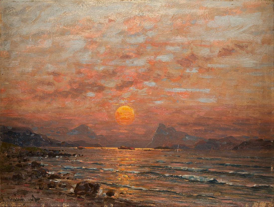 ABENDSTIMMUNG AM FJORD: JOHANN JUNGBLUT 1860 Saarburg - 1912 Düsseldorf Abendstimmung am Fjord Öl auf Holz. 27 x 35 cm. Signiert unten links 'J. Jungblut'. Rahmen.