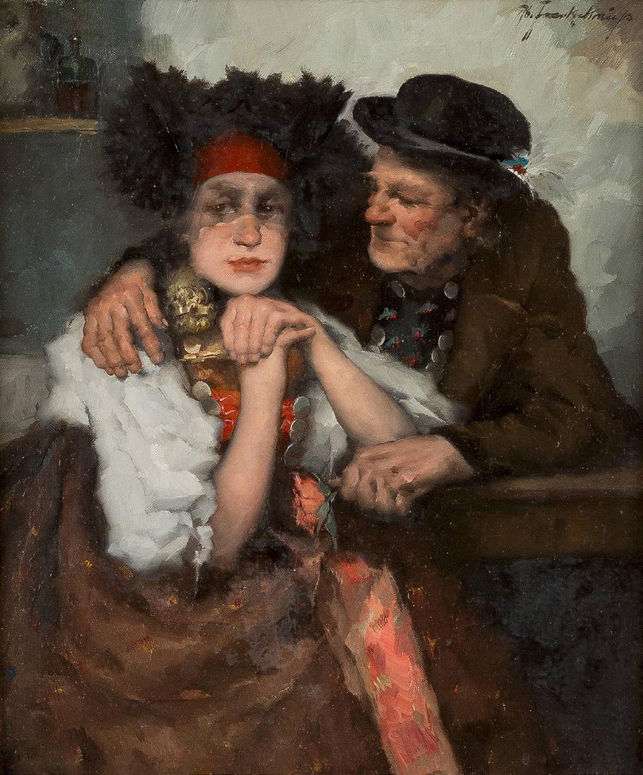 DAS UNGLEICHE PAAR - DIE JUNGE SCHÖNE IN DACHAUER: ROBERT FRANK-KRAUSS 1893 Fürth - 1950 München Das ungleiche Paar - Die junge Schöne in Dachauer Tracht und ihr Verehrer Öl auf Leinwand. 38,5 x 32 cm. Signiert oben rechts 'Rb. Frank-Krauss'. Hint