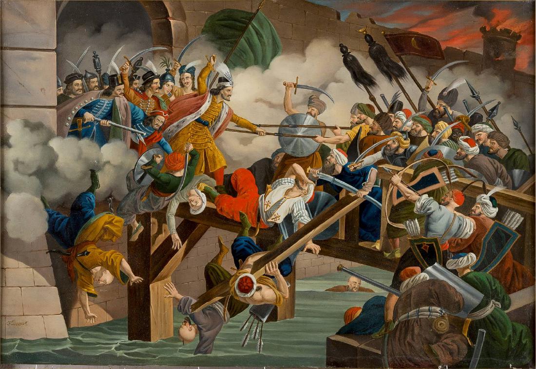 SZENE AUS DEM TÜRKENKIEG: ANGRIFF DER OSMANEN AUF DIE: MIHÁLY KOVÁCS 1818 Tisza-Abád-Szalók - 1892 Budapest Szene aus dem Türkenkieg: Angriff der Osmanen auf die Ungarn Öl auf Metallplatte. 59 x 84 cm. Signiert unten links 'Kovacs M.'. Rahmen.