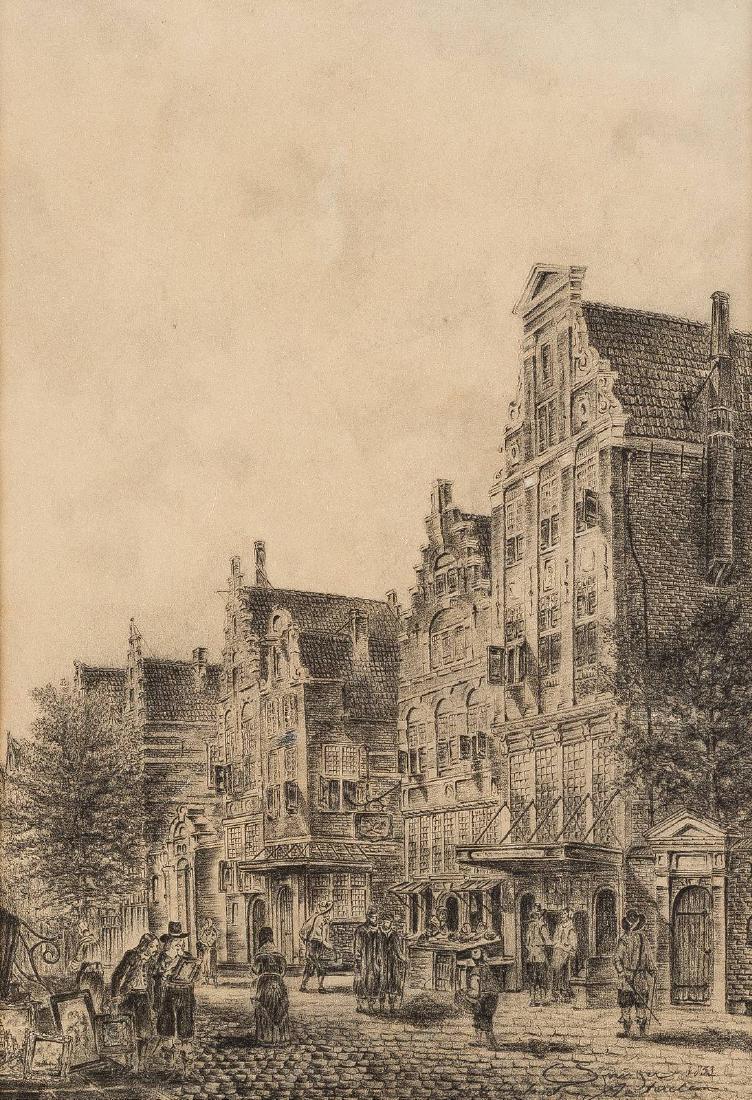 STRASSENSZENE IN AMSTERDAM: CORNELIS SPRINGER 1817 Amsterdam - 1891 Hilversum Strassenszene in Amsterdam Kohlestift auf chamoisfarbenem Papier. SM 48 x 33,5 cm. Unten rechts signiert, datiert und ortsbezeichnet 'Springer 1853 Am