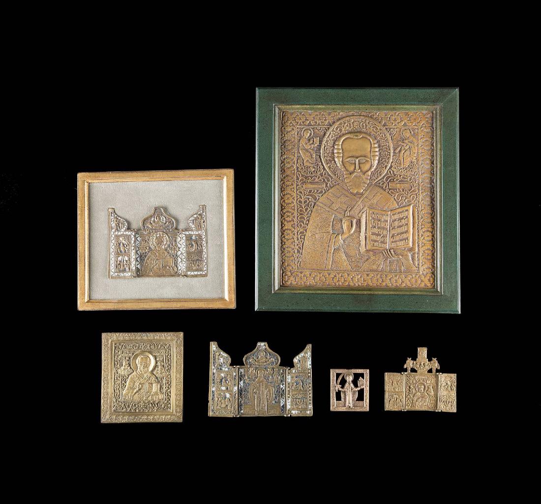 TRHEE BRASS TRIPTYCHS AND THREE BRASS ICONS SHOWING ST. (1 of 1)
