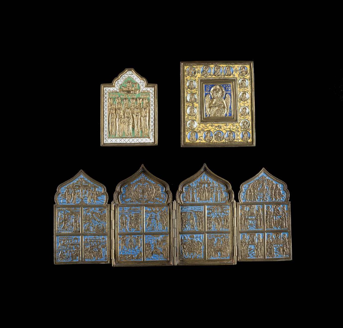 A BRASS AND ENAMEL TETRAPTYCH, AN ICON SHOWING CHRIST, (1 of 1)