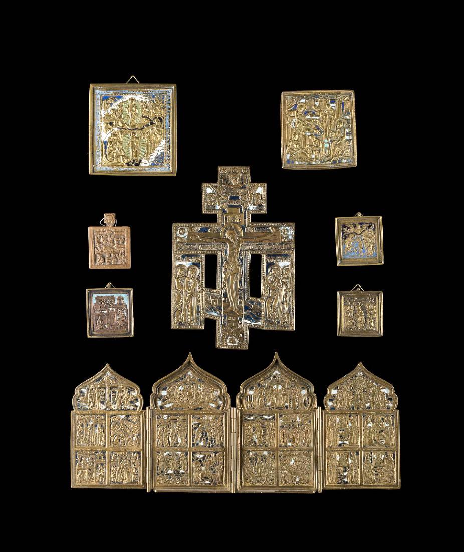 A BRASS TETRAPTYCHON, A CRUCIFIX AND SIX BRASS ICONS (1 of 1)
