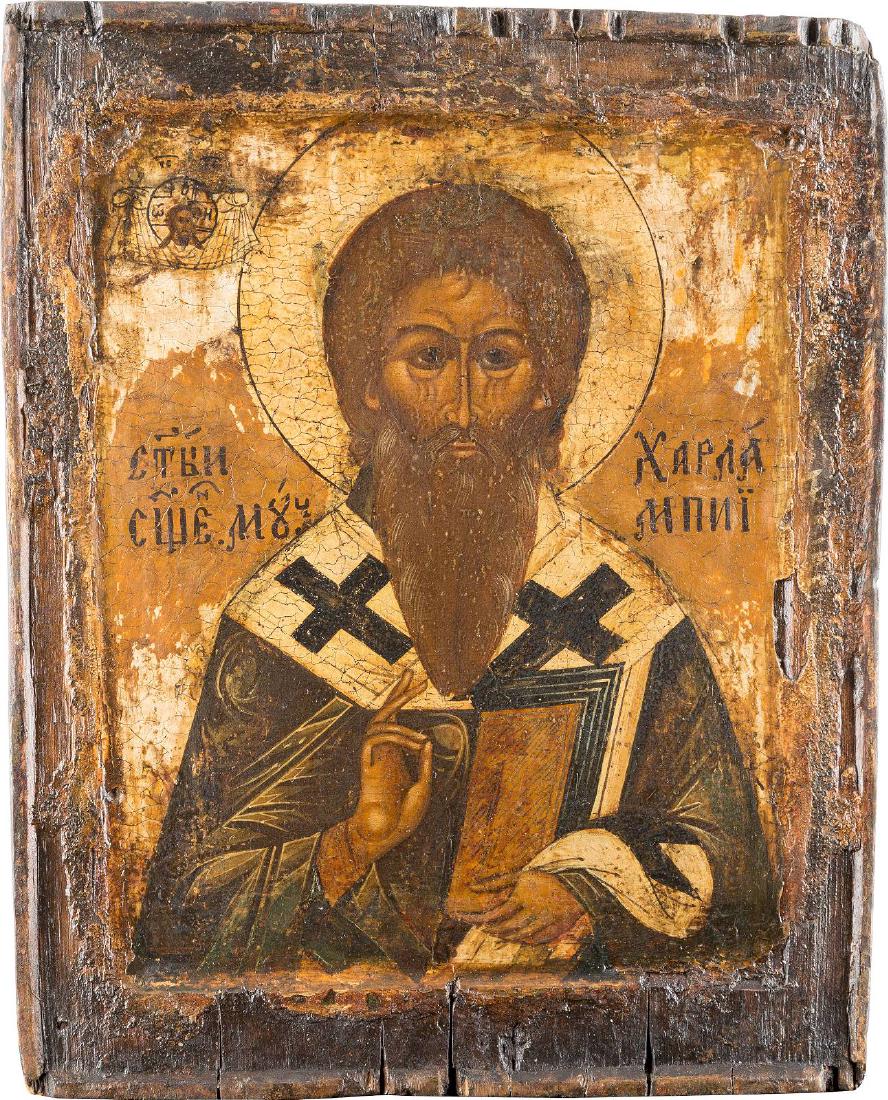 AN ICON SHOWING ST. CHARALAMBOS Russian, 17th century: AN ICON SHOWING ST. CHARALAMBOS Russian, 17th century Tempera on wood panel with double kovcheg. Losses, the background stripped to gesso. 30.3 x 24.7 cm. IKONE MIT DEM HEILIGEN CHARALAMPOS Russland, 