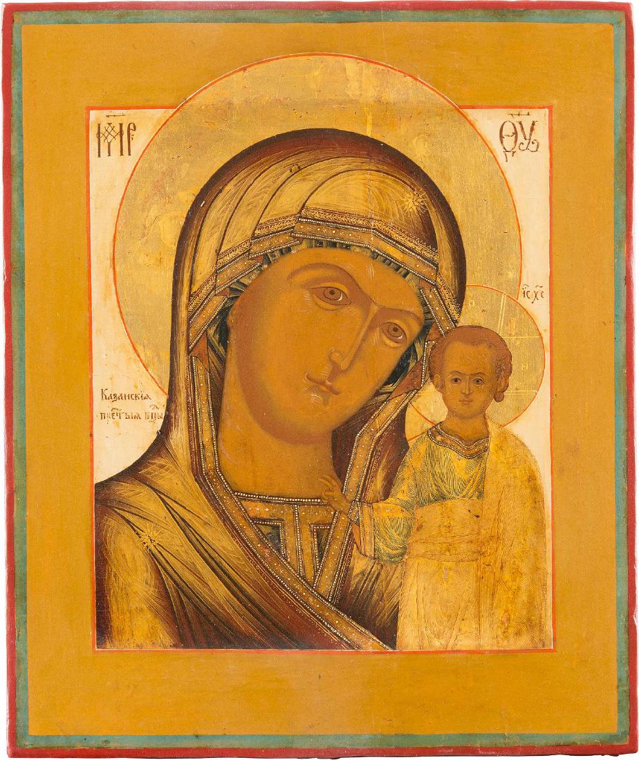 A FINE ICON SHOWING THE KAZANSKAYA MOTHER OF GOD: A FINE ICON SHOWING THE KAZANSKAYA MOTHER OF GOD Central Russian, 19th century Tempera on wood panel. Painted delicately, in the traditional style, with dense chrysography on the garments. Vertical cr