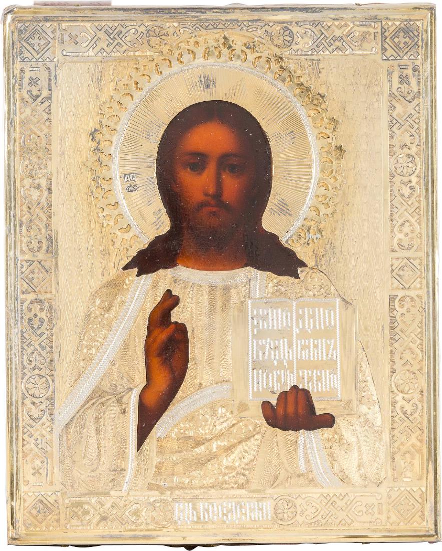 A SMALL ICON SHOWING CHRIST PANTOKRATOR WITH: A SMALL ICON SHOWING CHRIST PANTOKRATOR WITH SILVER-GILT OKLAD Russian, late 19th century (icon), Russian, Moscow, Alexey Stepanov, 1893 (oklad) Oil on wood panel with velvet backing. Overlaid with an