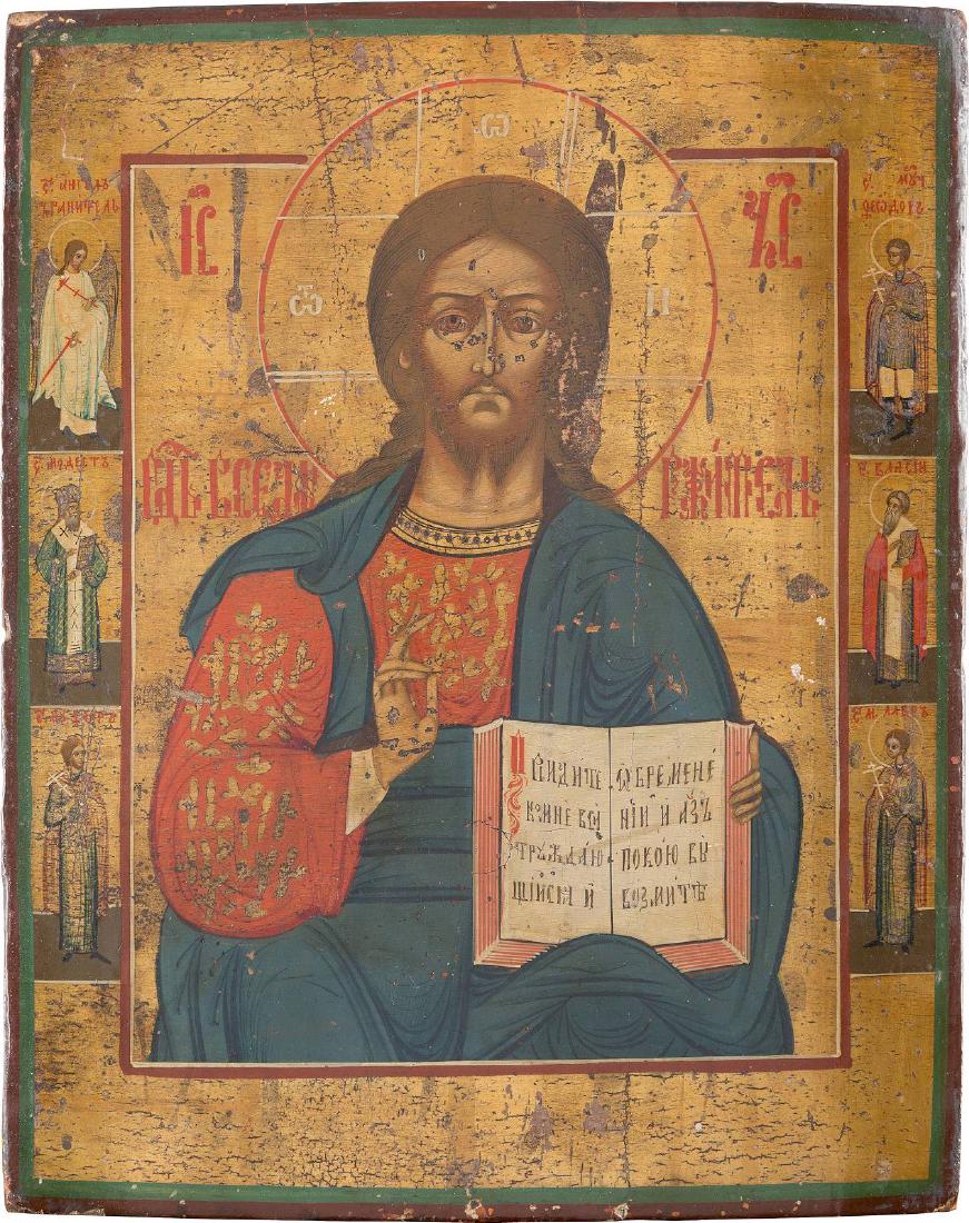 AN ICON SHOWING CHRIST PANTOKRATOR Russian, 19th: AN ICON SHOWING CHRIST PANTOKRATOR Russian, 19th century Tempera on wood panel. The background made of silver, covered by a golden lacquer. Six selected saints on the borders including the Guardian An