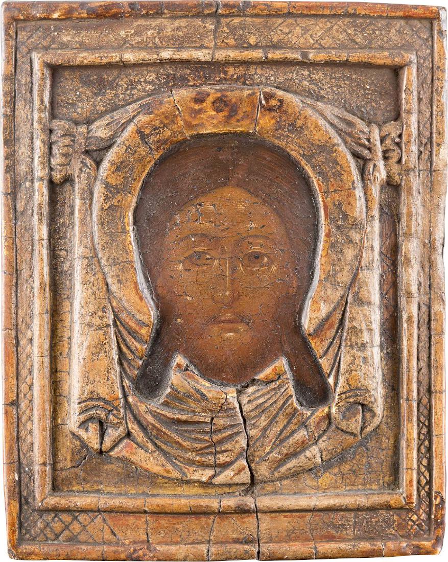 A RARE ICON SHOWING THE MANDYLION WITH CARVED OKLAD (1 of 1)
