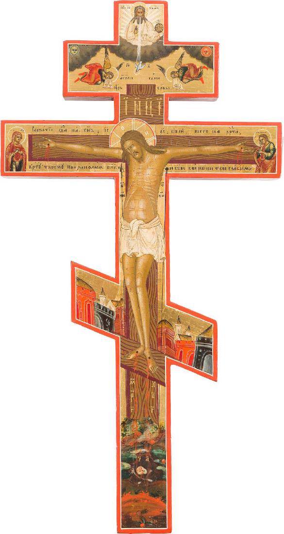 A FINELY PAINTED CRUCIFIX Central Russian, 19th century: A FINELY PAINTED CRUCIFIX Central Russian, 19th century Tempera on wood panel. Both sides finely painted in great detail showing the Crucifixion flanked by the Mother of God and St. John and the four 