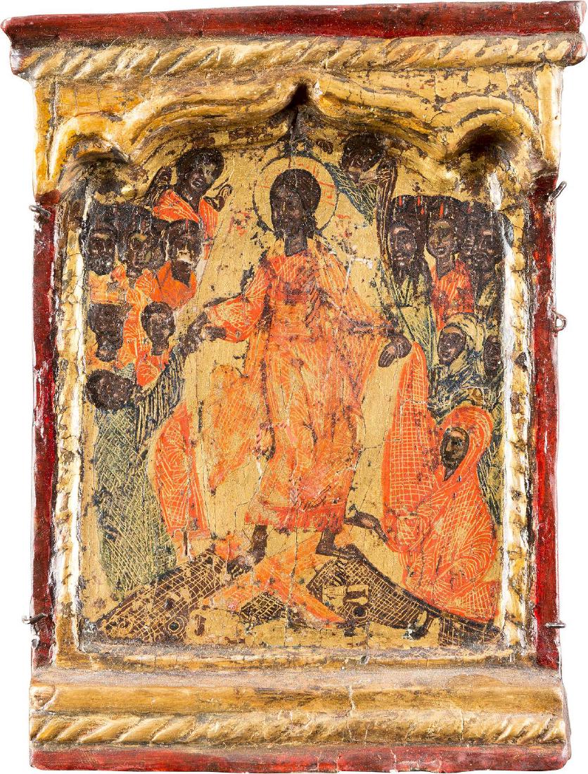 A CENTRAL PANEL FROM A TRIPTYCH SHOWING THE ANASTASIS: A CENTRAL PANEL FROM A TRIPTYCH SHOWING THE ANASTASIS Greek, 17th century Tempera on gesso ground on wood panel. Executed on a gold ground. Diagonal crack, minimally restored. 16.1 x 12.2 cm. MITTELTE