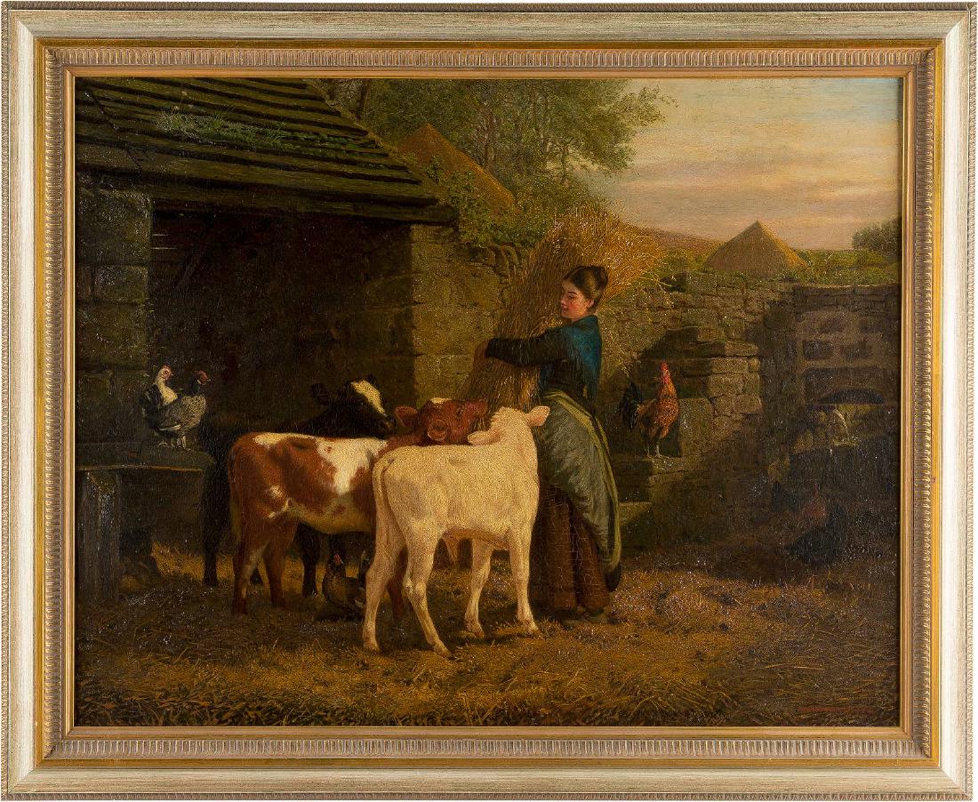 HENRY HETHERINGTON EMMERSON 1831 Chester-le-Street: HENRY HETHERINGTON EMMERSON 1831 Chester-le-Street (Durham) - 1895 Cullercoats (Northumberland) JUNGE BÄUERIN BEI DER FÜTTERUNG Öl auf Leinwand. 71 x 91 cm. Signiert und datiert unten rechts 'H. H.