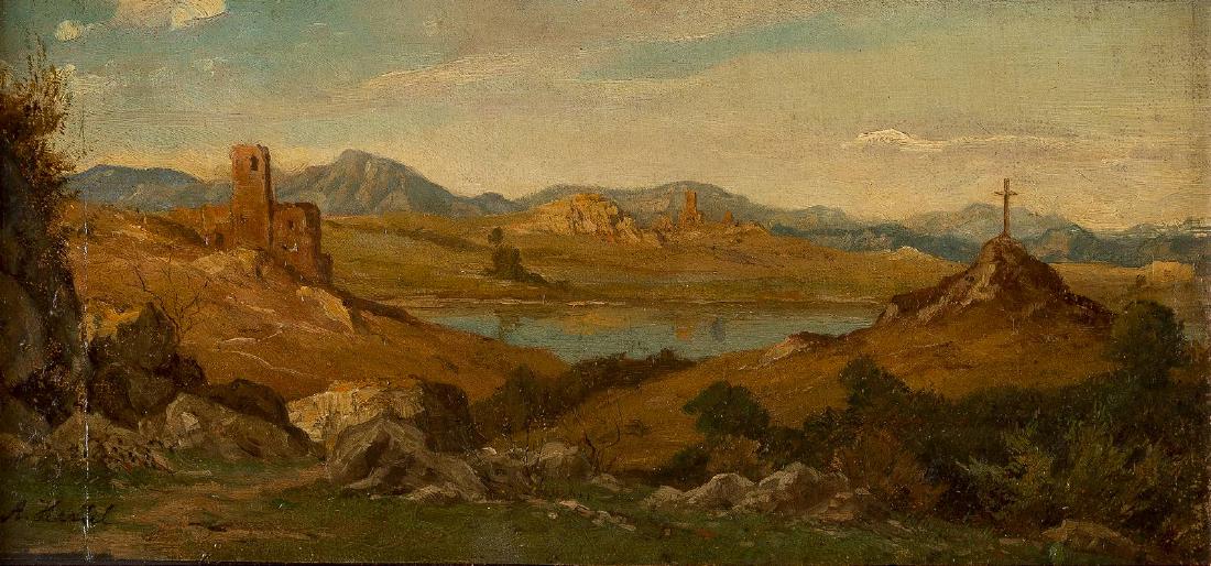 ALBERT HERTEL Berlin 1843 - 1912 Italinische Landschaft: ALBERT HERTEL Berlin 1843 - 1912 Italinische Landschaft Öl auf Leinwand auf Pappe maroufliert. 16,5 x 32 cm. Signiert 'A. Hertel'. Verso: auf der Pappe der Nachlass-Stempel des Künstlers 'Albert Her