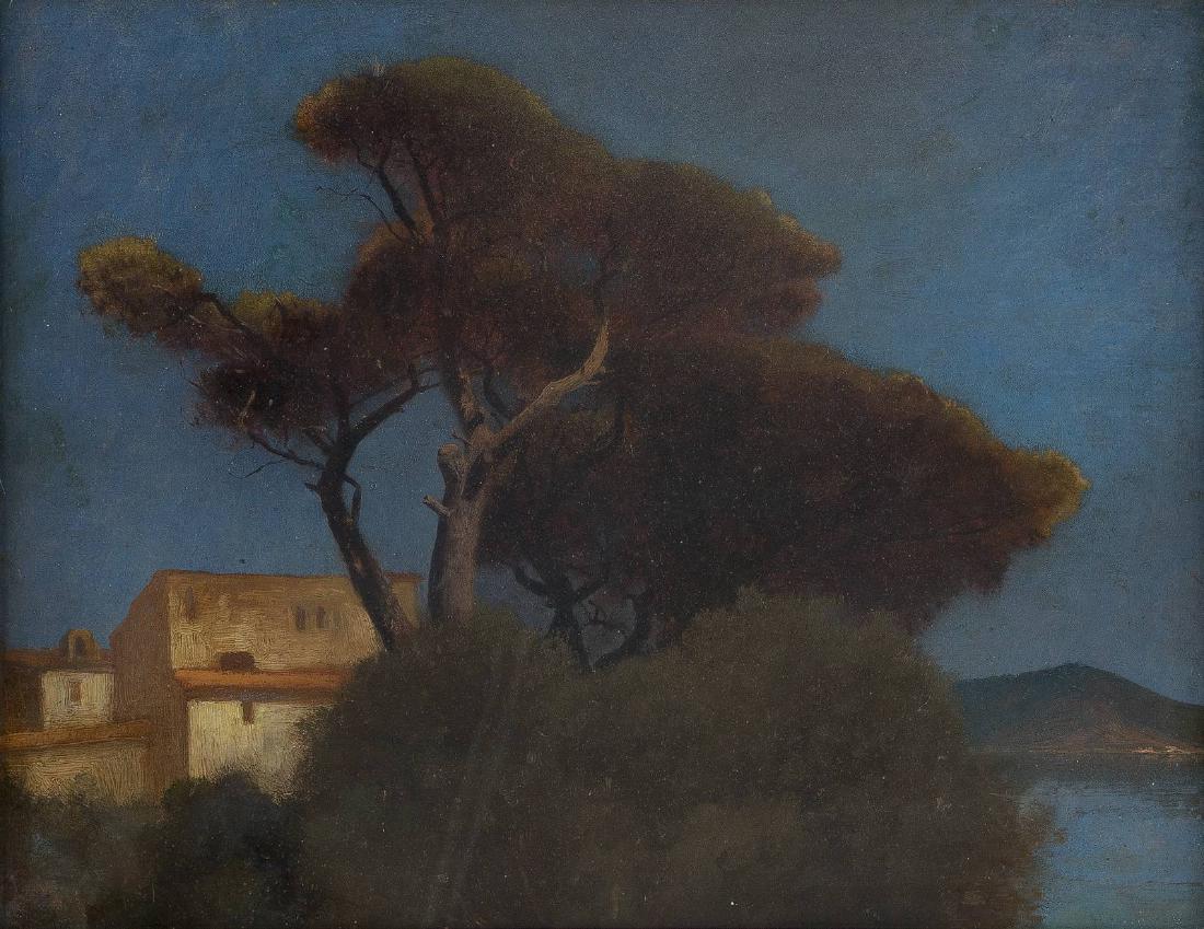 OSWALD ACHENBACH 1827 Düsseldorf - 1905 ebenda Studie: OSWALD ACHENBACH 1827 Düsseldorf - 1905 ebenda Studie einer italienischen Landschaft Öl auf Papier auf Holz. 28 x 34 cm. Signiert unten rechts 'Osw. Achenbach'. Rahmen.