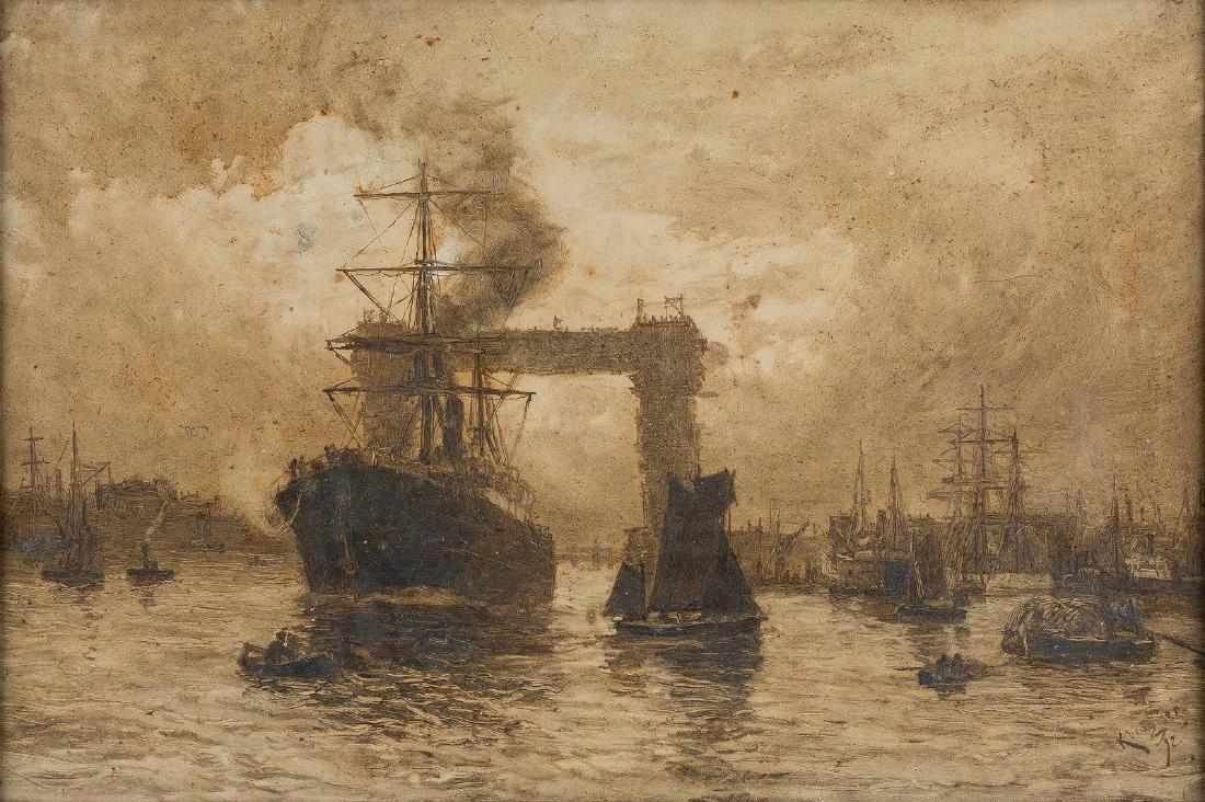 KARL THEODOR WAGNER 1856 Wien - 1921 Prechtoldsdorf AUF: KARL THEODOR WAGNER 1856 Wien - 1921 Prechtoldsdorf AUF DER THEMSE - BLICK AUF DIE TOWER BRIDGE IM BAU Öl auf Papier. 35,5 x 53 cm. Unten rechts signiert und datiert 'K. Wagner (18)92'. Im unteren Ra