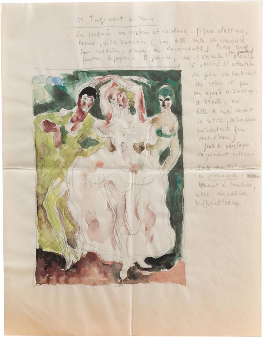 PAUL CHARLEMAGNE 1892 Paris - 1972 ebenda LE JUGEMENT: PAUL CHARLEMAGNE 1892 Paris - 1972 ebenda LE JUGEMENT DE PARIS (SKIZZE) UND BRIEF Aquarell über Bleistift auf chamoisfarbenem Papier mit handschriftlichen Anmerkungen sowie handschriftlicher Brief au