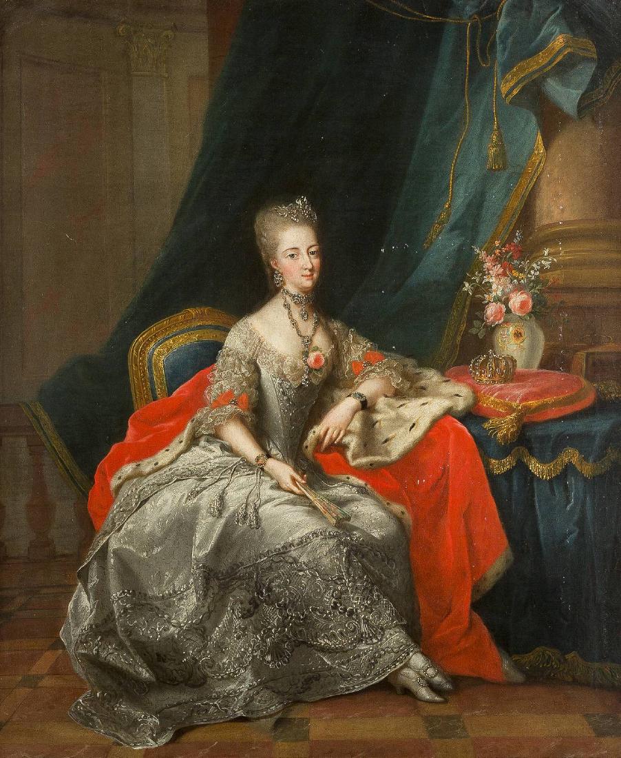 JOHANN HEINRICH TISCHBEIN 1722 Haina - 1789 Kassel: JOHANN HEINRICH TISCHBEIN 1722 Haina - 1789 Kassel LANDGRÄFIN PHILIPPINE VON HESSEN-KASSEL, GEBORENE PRINZESSIN VON BRANDENBURG-SCHWEDT (1745-1800) Öl auf Leinwand (doubl.). 85 cm x 70,5 cm. Verso: