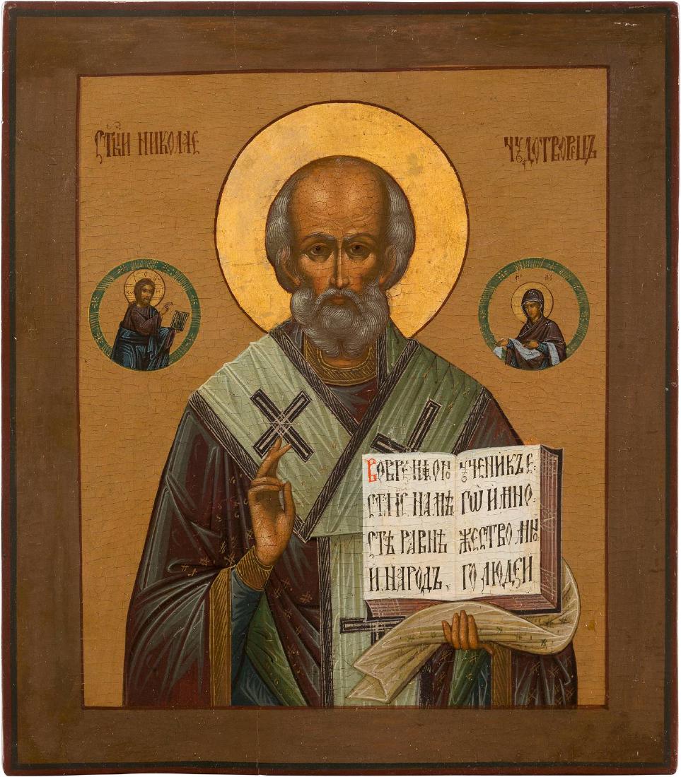 A LARGE ICON SHOWING ST. NICHOLAS OF MYRA Russian, 2nd: A LARGE ICON SHOWING ST. NICHOLAS OF MYRA Russian, 2nd half 19th century Tempera on wood panel, laid down on a later panel. The halo gilded. Minimally restored. 37.9 x 33 cm. GROSSE IKONE MIT DEM HEIL