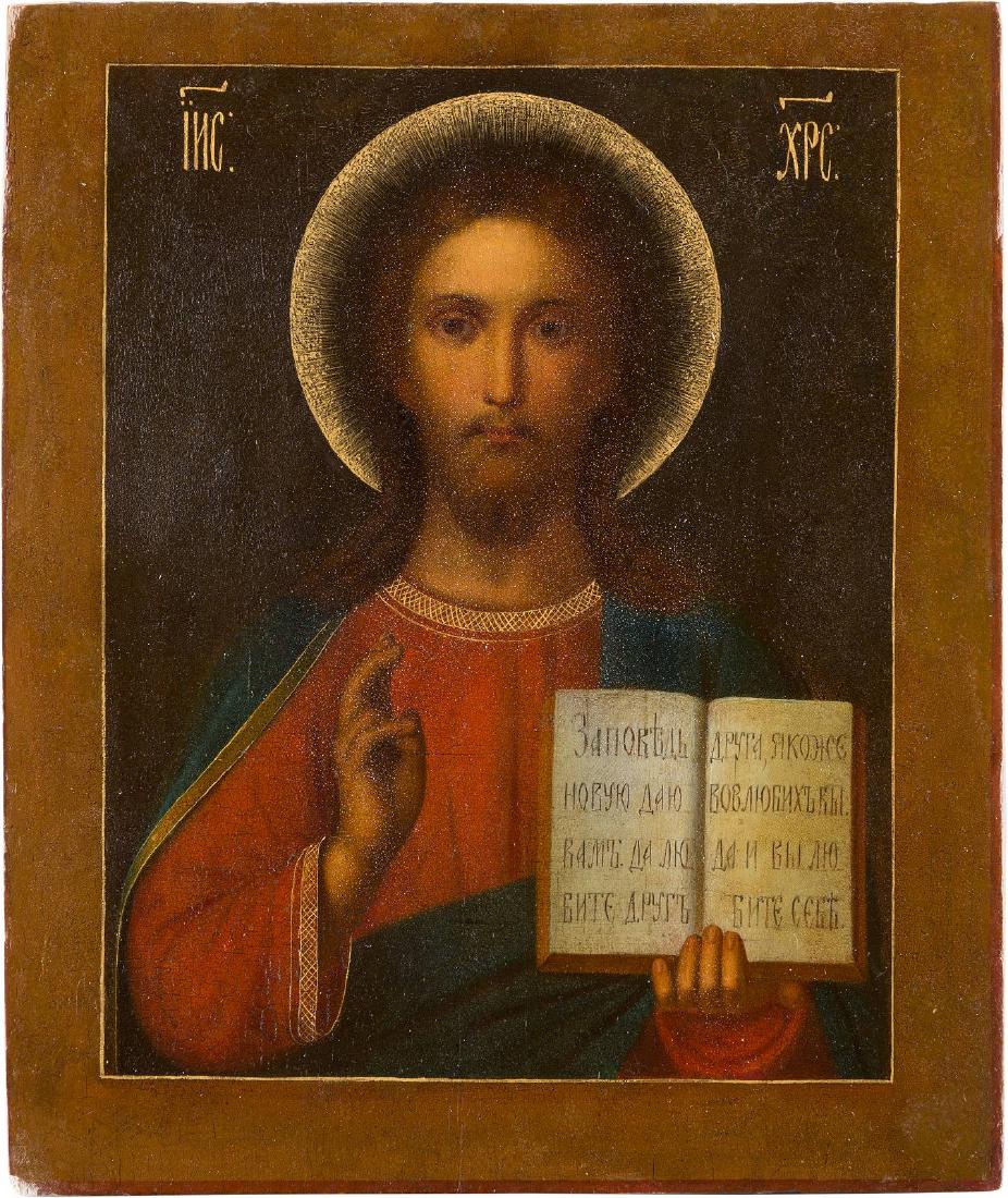 TWO ICONS: CHRIST PANTOKRATOR AND ST. NICHOLAS OF MYRA: TWO ICONS: CHRIST PANTOKRATOR AND ST. NICHOLAS OF MYRA Russian, late 19th century Oil / imprint on wood panels. 25.7 x 21.8 cm / 28 x 21.2 cm. ZWEI IKONEN: CHRISTUS PANTOKRATOR UND HEILIGER NIKOLAUS V