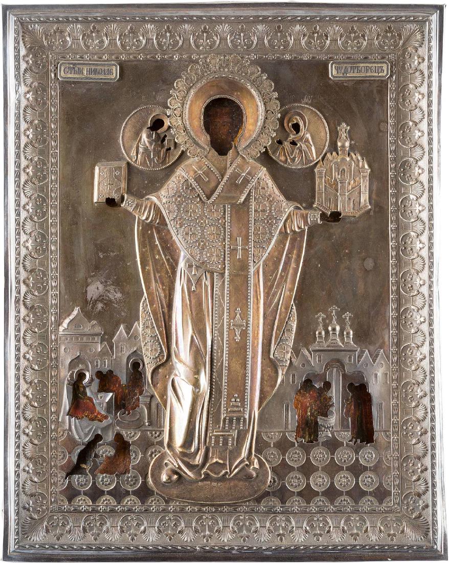 A LARGE ICON SHOWING ST. NICHOLAS OF MOZHAISK WITH (1 of 2)