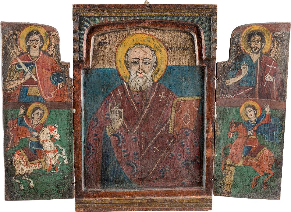 A TRIPTYCH SHOWING STS. NICHOLAS, GEORGE AND DIMITRI, (1 of 1)