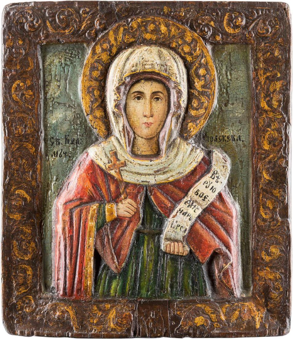 A RARE CARVED ICON SHOWING ST. PARASKEVE Russian, 18th (1 of 1)