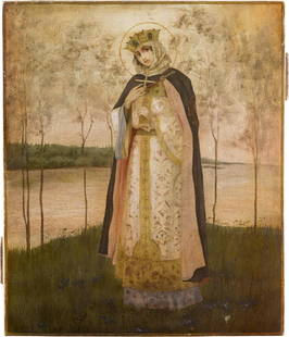 AN ICON SHOWING THE MARTYR SAINT OLGA Russian, 20th: AN ICON SHOWING THE MARTYR SAINT OLGA Russian, 20th century Oil on wood panel. After a painting by Mikhail Vasilievich Nesterov of the iconostasis of the southern chapel in the choir of St. Vladimir C