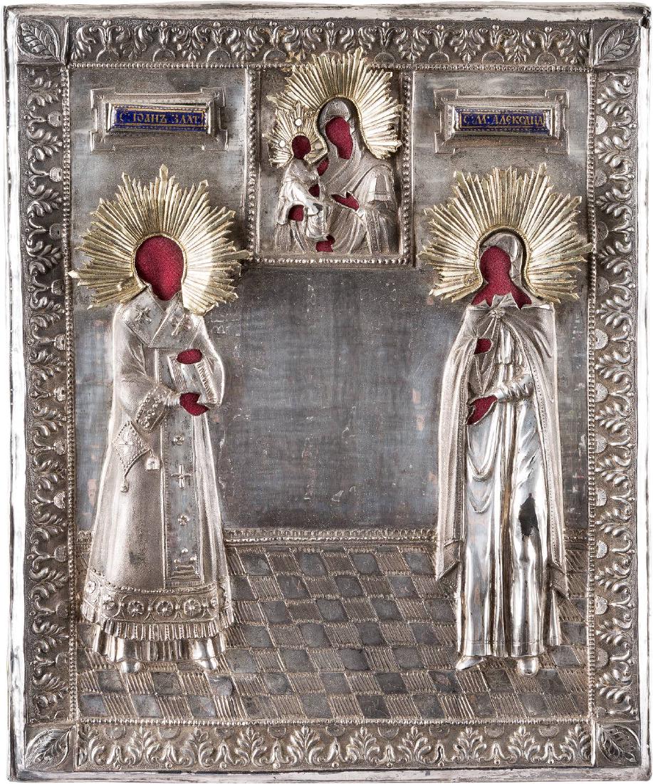 AN ICON SHOWING STS. JOHN CHRYSOSTOM AND ALEXANDRA WITH: AN ICON SHOWING STS. JOHN CHRYSOSTOM AND ALEXANDRA WITH SILVER OKLAD Russian, circa 1800 (icon), Russian, Moscow, 1820 (oklad) Tempera on wood panel. The haloes made of silver, covered by a golden lac