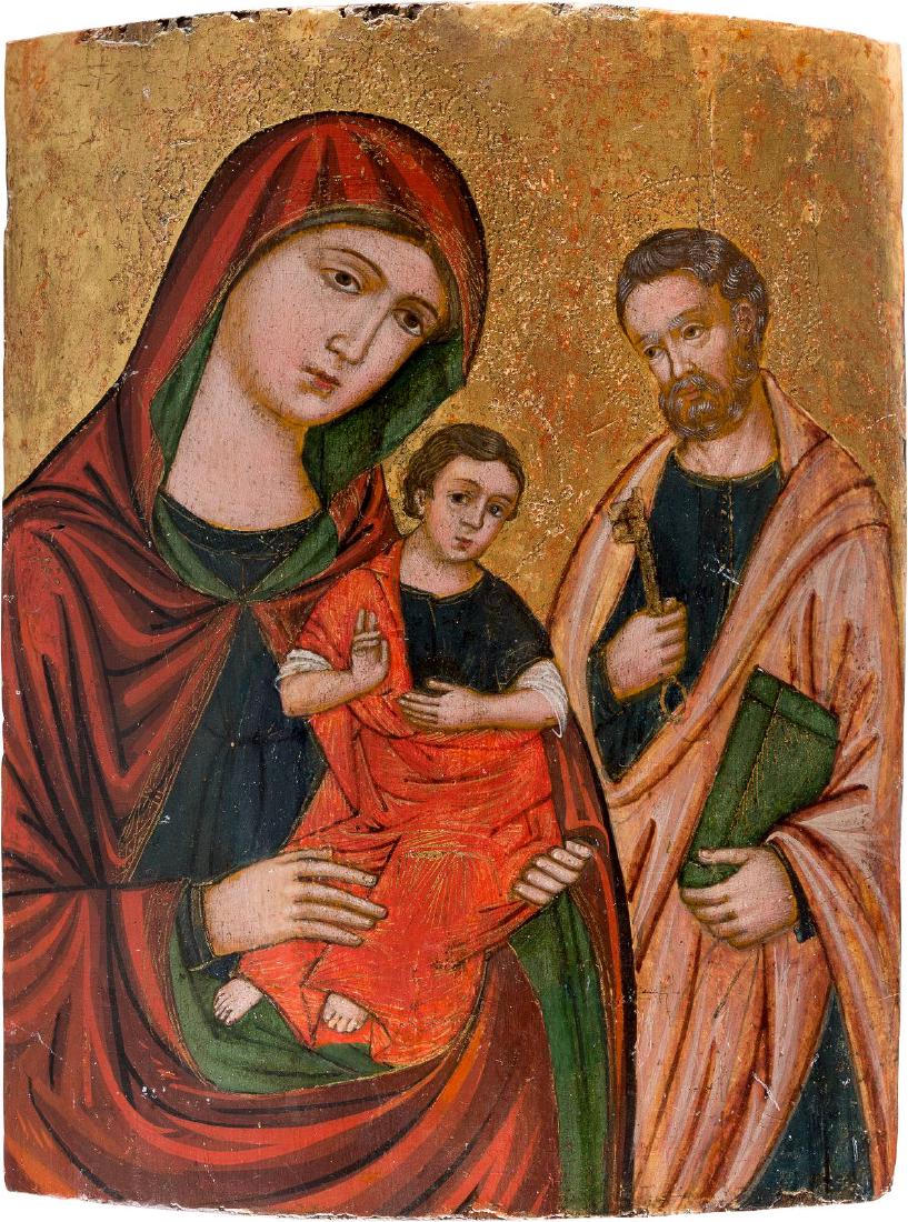 AN ICON SHOWING THE MOTHER OF GOD AND THE APOSTLE PETER: AN ICON SHOWING THE MOTHER OF GOD AND THE APOSTLE PETER Veneto-Cretan, 17th century Tempera on wood panel. Executed on a gold ground. The haloes ornamentally punched. 29 x 24.8 cm. IKONE MIT DER GOTTE