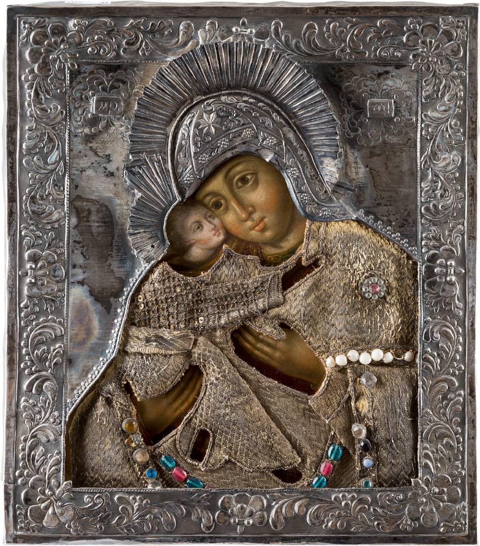 AN ICON SHOWING THE VLADIMIRSKAYA MOTHER OF GOD WITH (1 of 3)