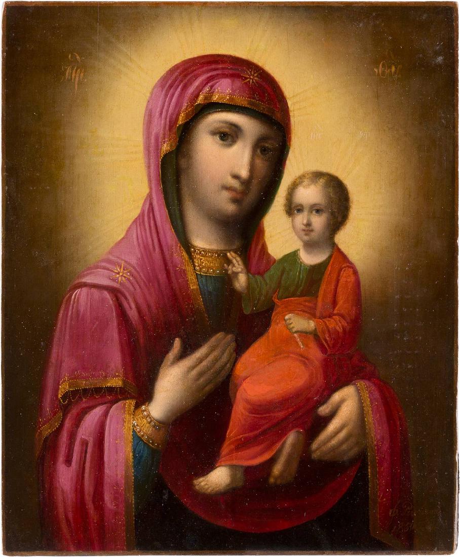 A SIGNED AND DATED ICON SHOWING THE SMOLENSKAYA MOTHER (1 of 2)
