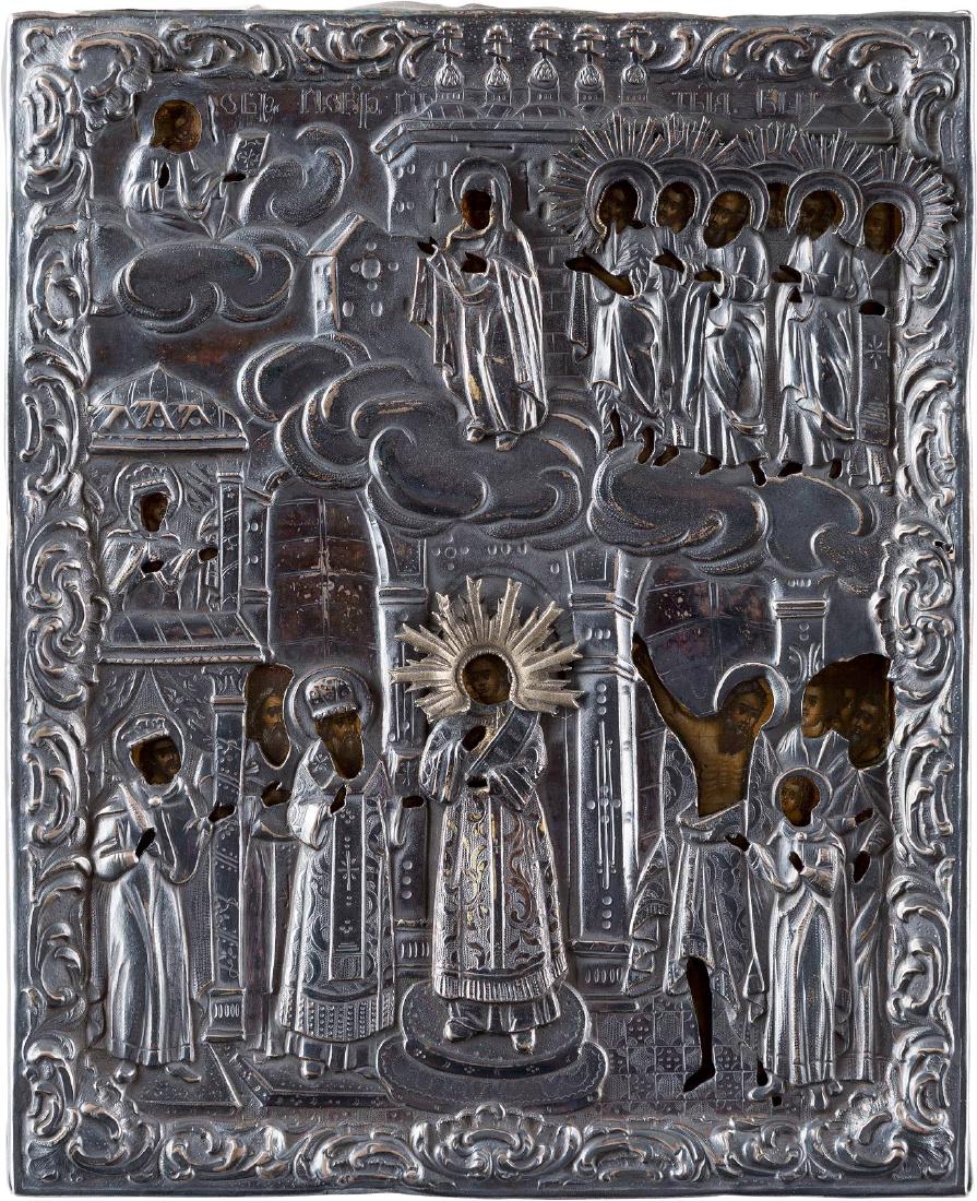 A SMALL ICON SHOWING THE POKROV MOTHER OF GOD WITH (1 of 2)