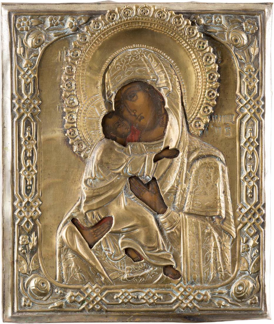 AN ICON SHOWING THE VLADIMIRSKAYA MOTHER OF GOD WITH (1 of 2)