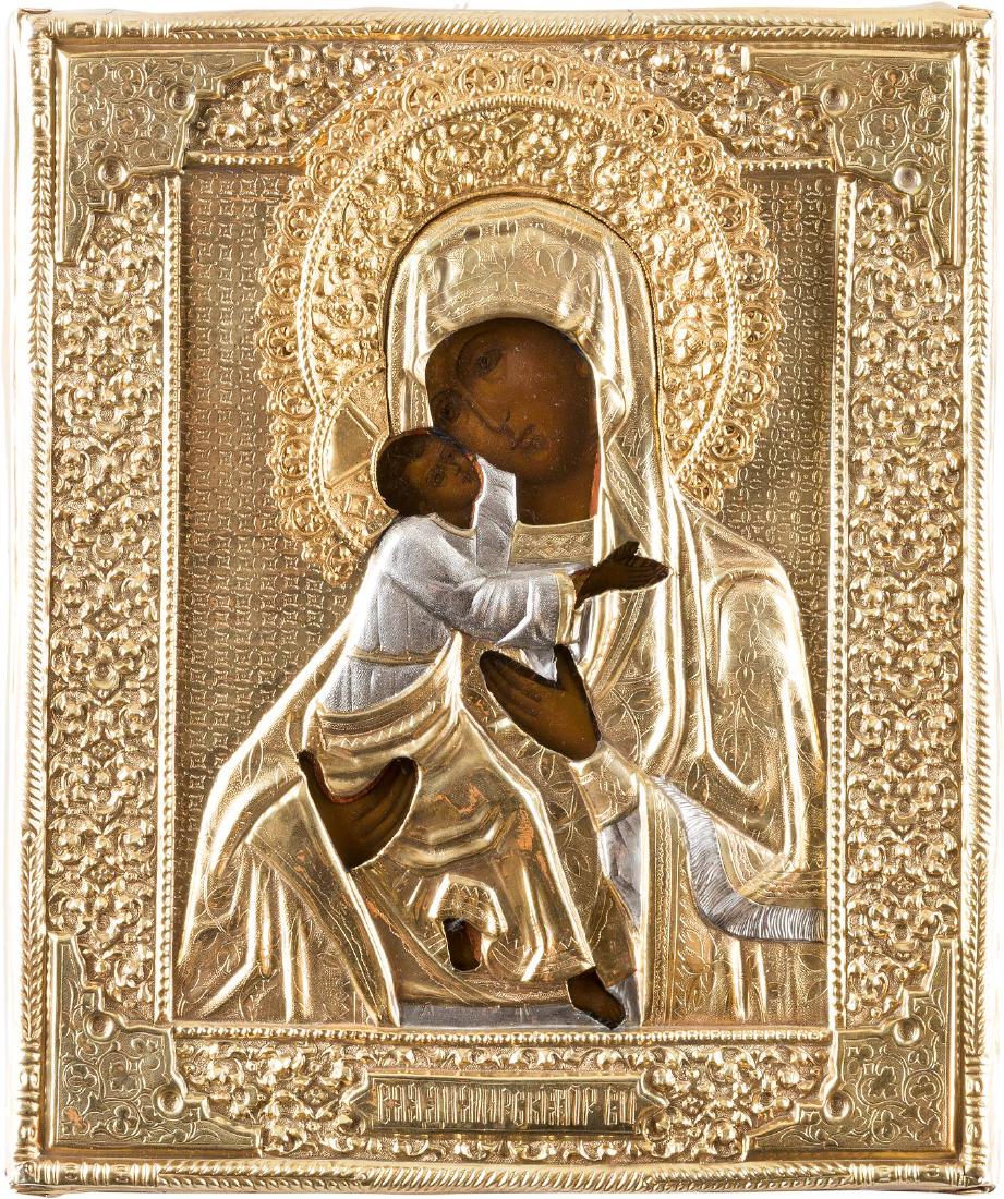 AN ICON OF THE VLADIMIRSKAYA MOTHER OF GOD WITH (1 of 2)