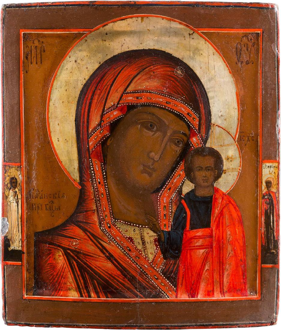 AN ICON OF THE MOTHER OF GOD OF KAZAN Russian, 19th: AN ICON OF THE MOTHER OF GOD OF KAZAN Russian, 19th century Tempera on wood panel with kovcheg. The haloes made of silver, covered by golden lacquer. Two selected saints on the borders: Guardian Angel