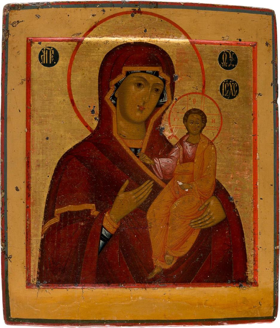 AN ICON SHOWING THE SMOLENSKAYA MOTHER OF GOD Russian,: AN ICON SHOWING THE SMOLENSKAYA MOTHER OF GOD Russian, 2nd half 18th century Tempera on wood panel with kovcheg. Executed on a gold ground. The lower border minimally restored. 31.7 x 27.6 cm. IKONE M