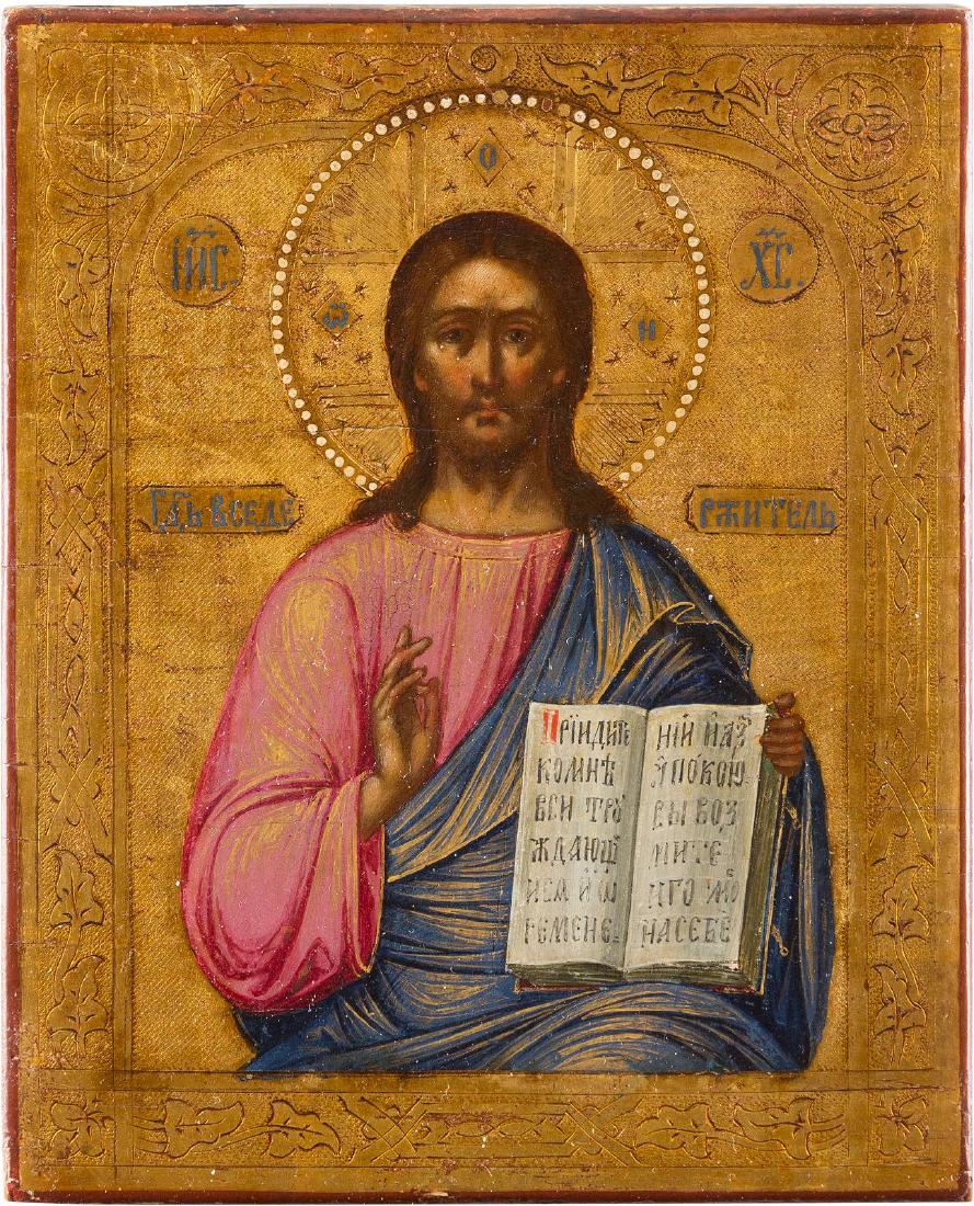A SMALL ICON SHOWING CHRIST PANTOKRATOR Russian, circa (1 of 2)