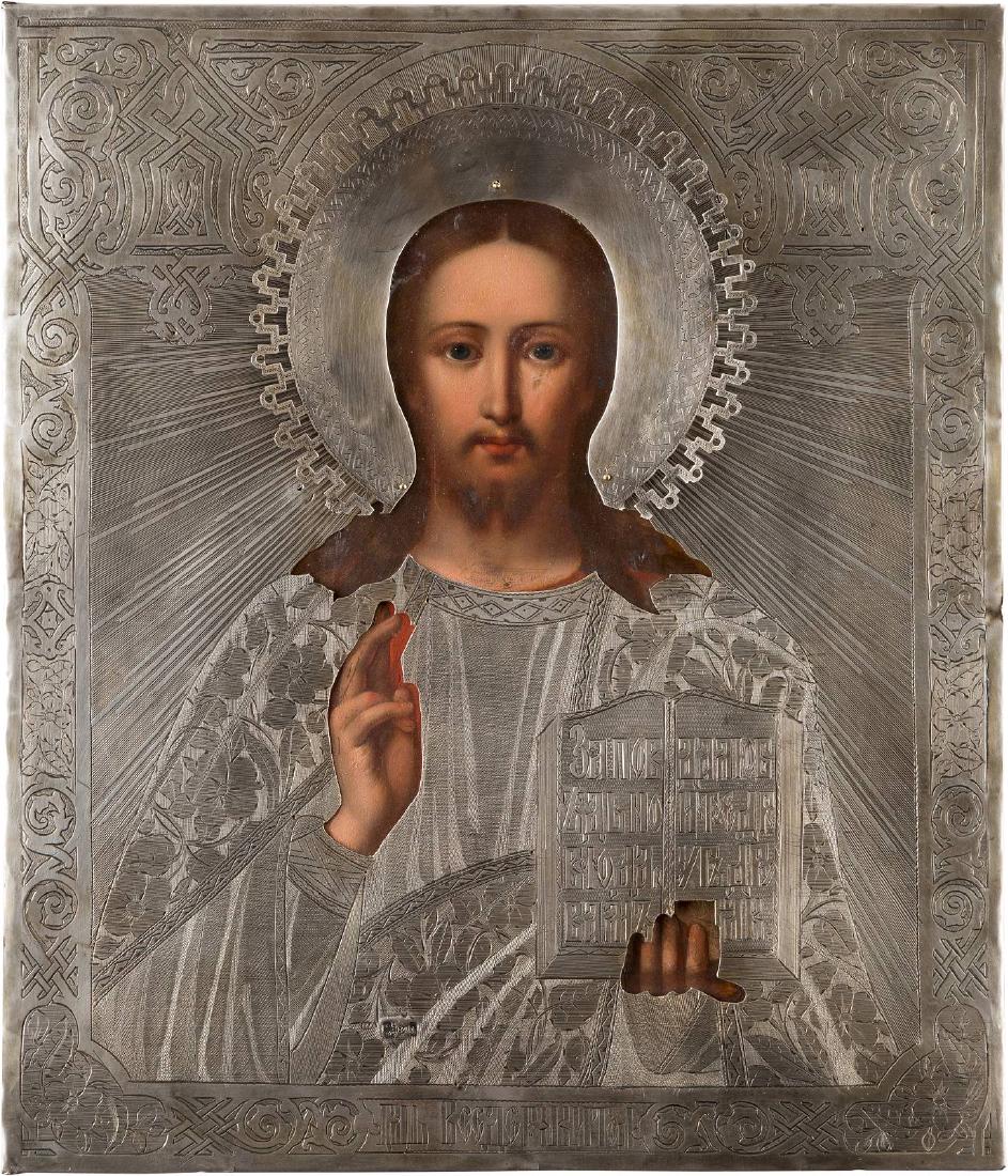 AN ICON SHOWING CHRIST PANTOKRATOR WITH SILVER OKLAD (1 of 1)