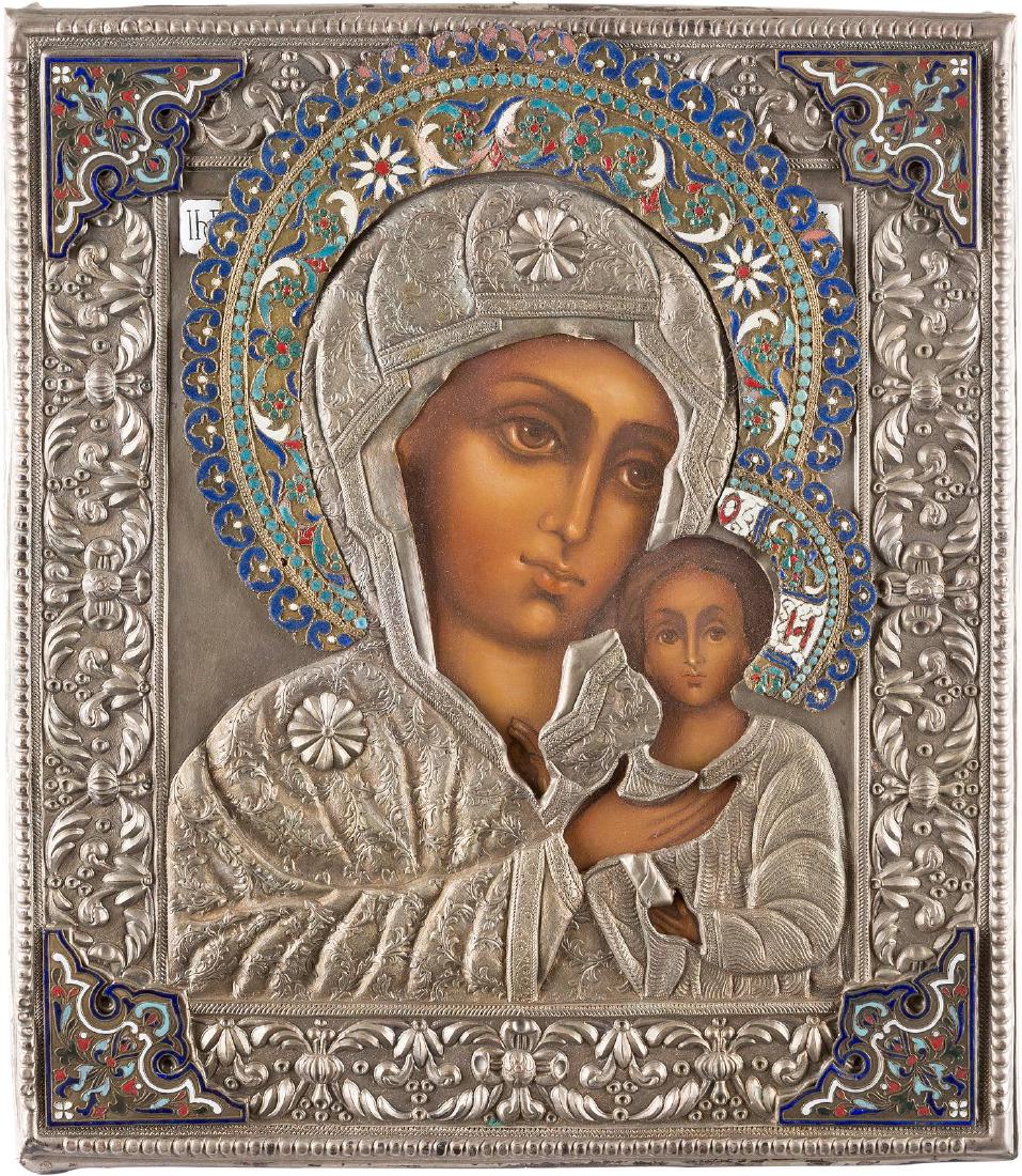 A LARGE ICON SHOWING THE MOTHER OF GOD WITH ENAMELLED: A LARGE ICON SHOWING THE MOTHER OF GOD WITH ENAMELLED OKLAD 2nd half 20th century Tempera on wood panel. Overlaid with a metal oklad. Cloisonné enamel minimally chipped. 35.9 x 31 cm. GROSSE IKONE MI
