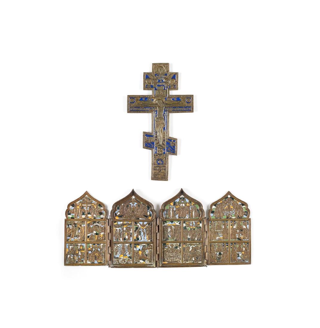 A BRASS TETRAPTYCH AND A CRUCIFIX  Russian, 19th (1 of 1)