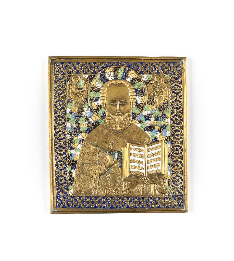 A LARGE BRASS AND ENAMEL ICON SHOWING ST. NICHOLAS OF (1 of 1)
