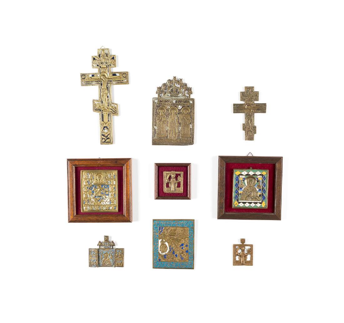 TWO BRASS AND ENAMEL CRUCIFIXES, SIX BRASS ICONS AND A (1 of 1)